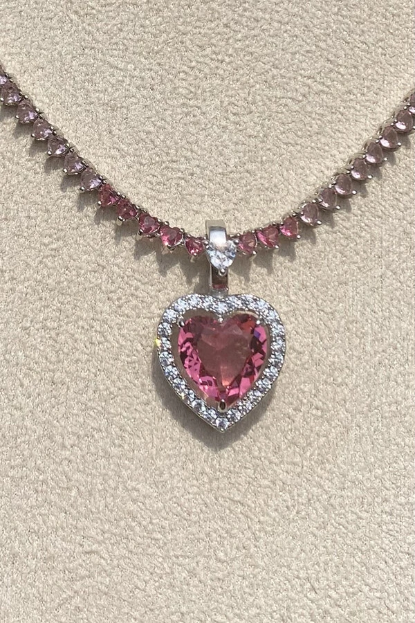 Pingente Coração Rosa Zircônias Ródio Branco