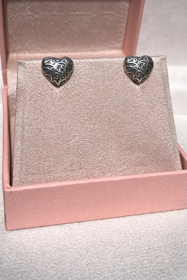 Brinco Coração Enfeite Prata 925 Envelhecida