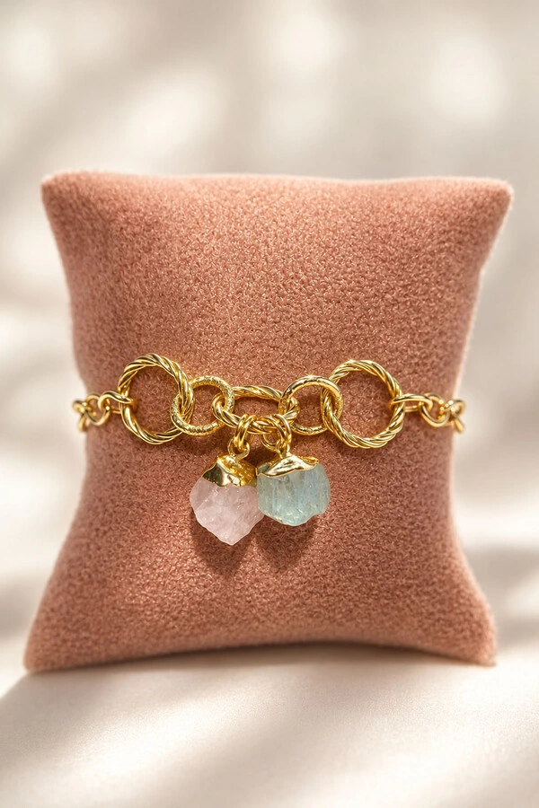 Pulseira Elos Pedra Natural Quartzo Rosa e Ágata Verde Ouro 18k