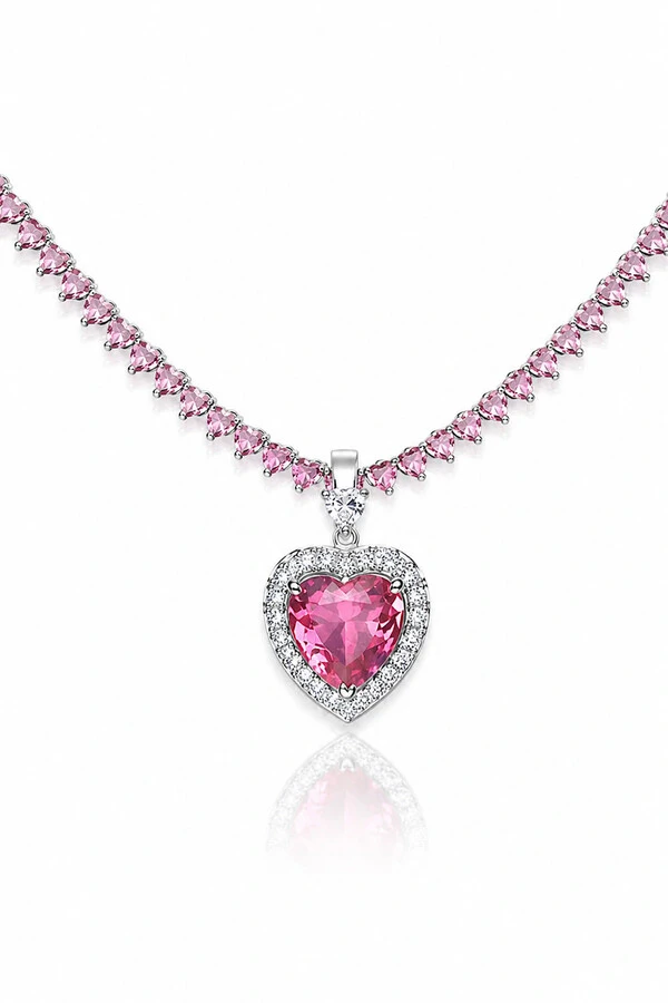 Pingente Coração Rosa Zircônias Ródio Branco
