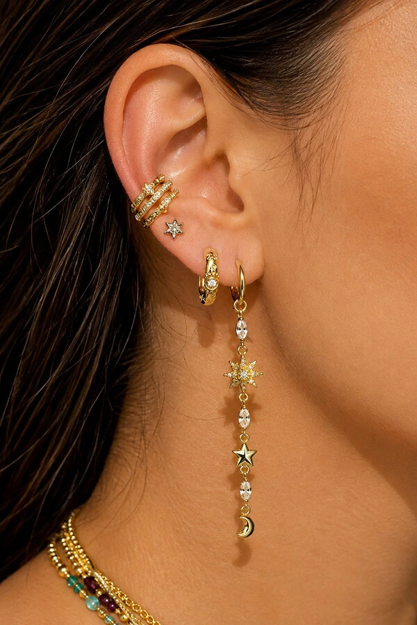 Brinco Argola Fio Estrela e Lua Ouro 18k