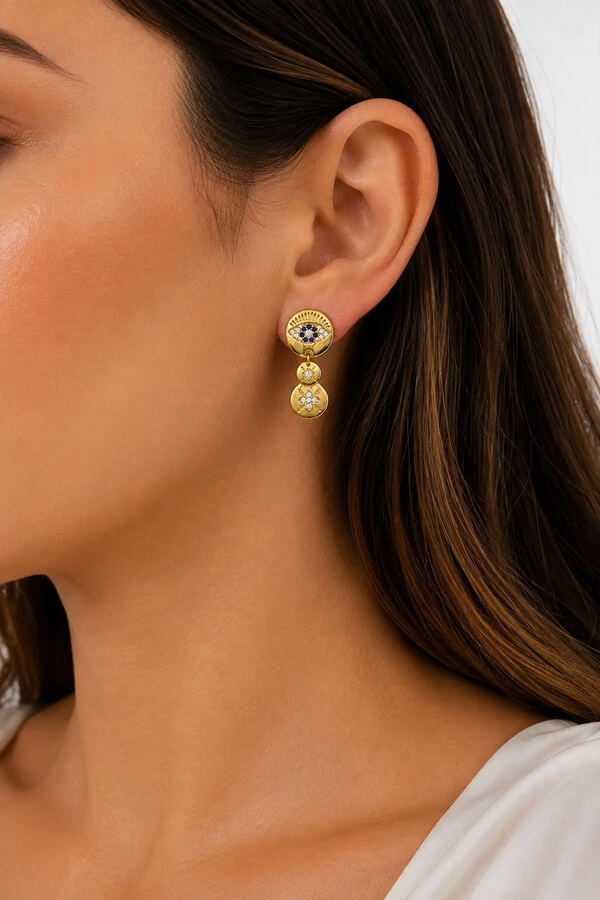 Brinco Olho Grego Estilo Zircônias Ouro 18k