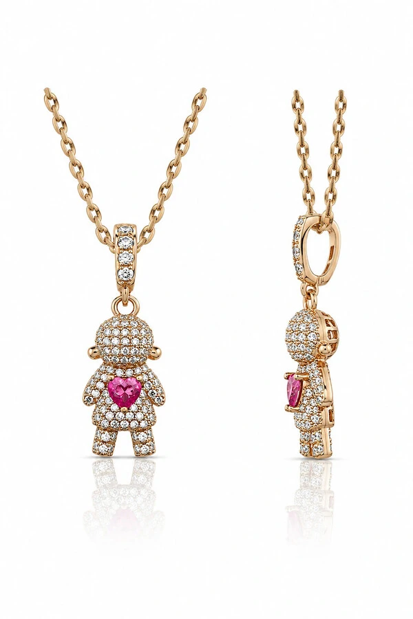 Pingente Menina Coração Pink Ouro 18k