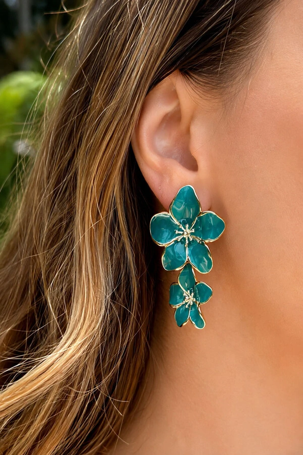 Brinco Flores Esmaltado Verde Ouro 18k