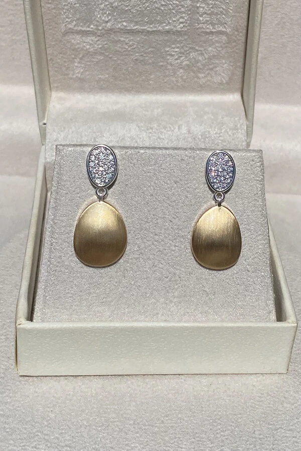 Brinco Gota Bicolor Fosco Ouro 18k