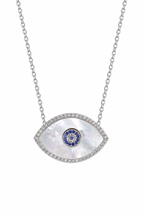 Colar Olho Grego Turquia Madrepérola Zircônia Prata 925 com Ródio Branco