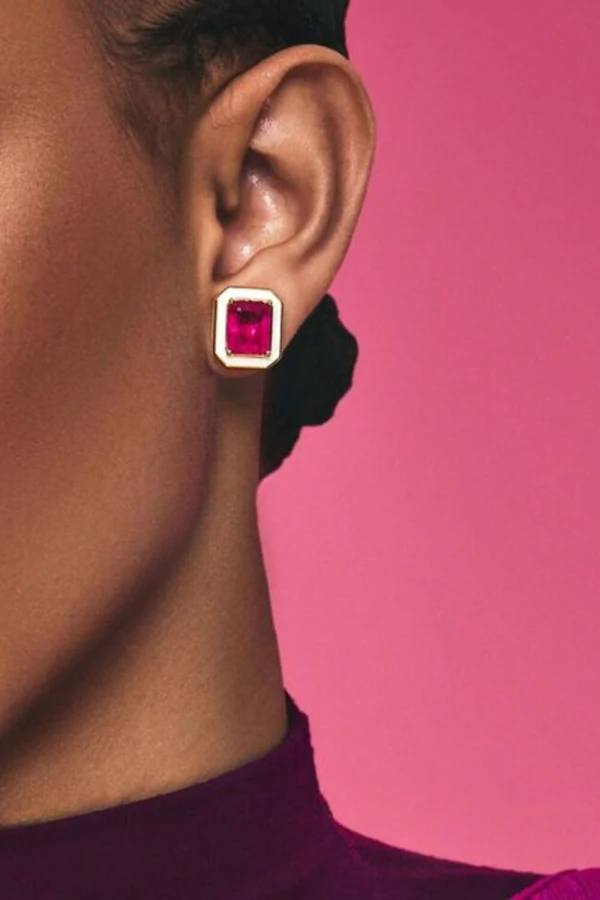 Brinco Esmaltado Branco Pedra Pink Fusion Ouro 18k