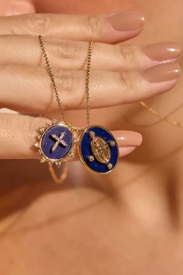 Colar Escapulário Pingente Lazuli Cruz Zircônia Ouro 18k