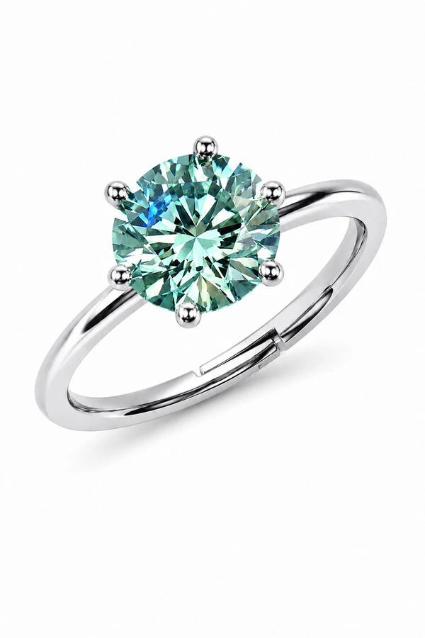 Anel Solitário Moissanite 8MM Turmalina Prata 925 Ródio Branco
