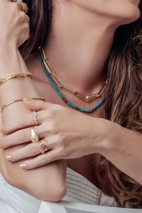 Colar Pedra Turquesa Fino Ouro 18k