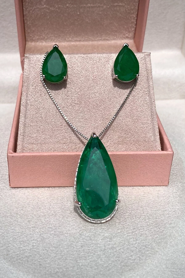 Colar Gota Fusion Esmeralda Ródio Branco