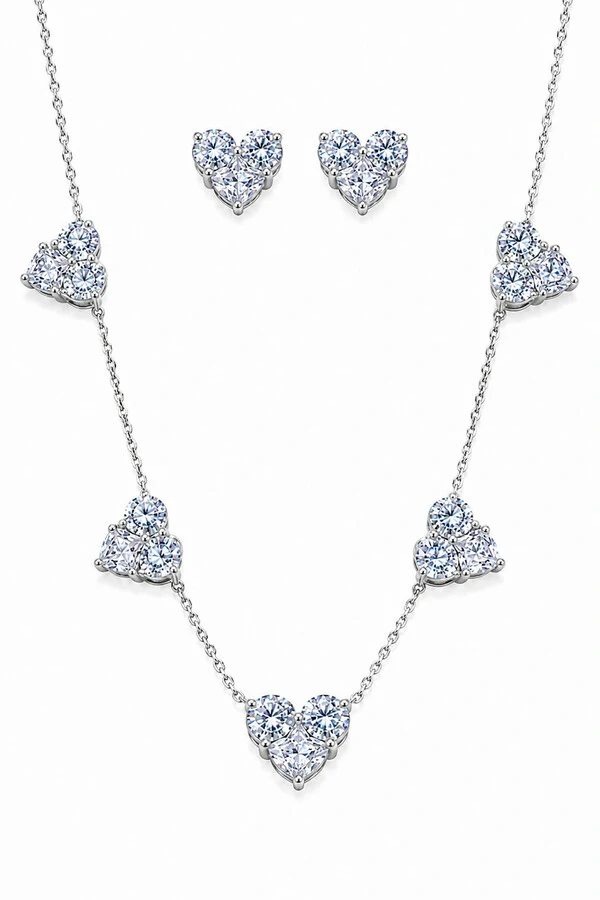 Conjunto Coração Cristal Ródio Branco