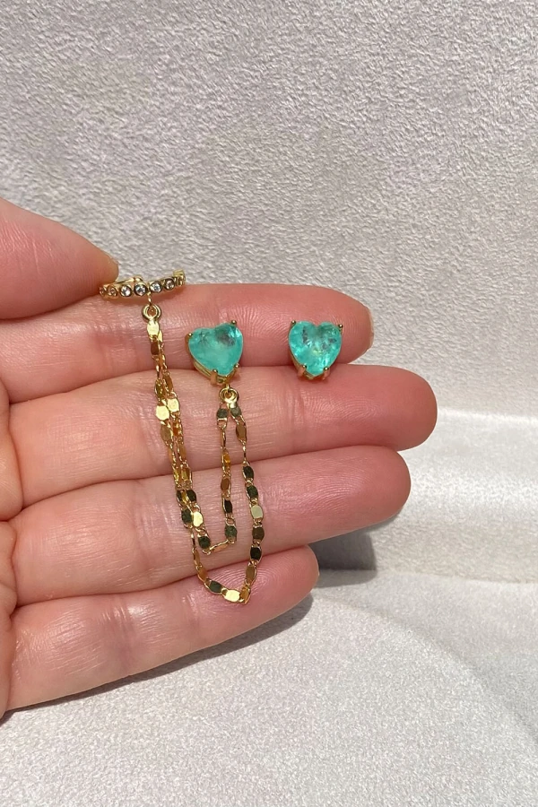 Brinco Earline Corações Turmalina Fusion Zircônias Ouro 18k