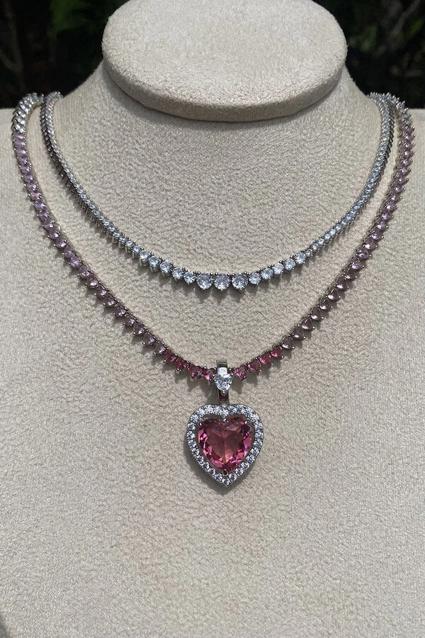 Pingente Coração Rosa Zircônias Ródio Branco