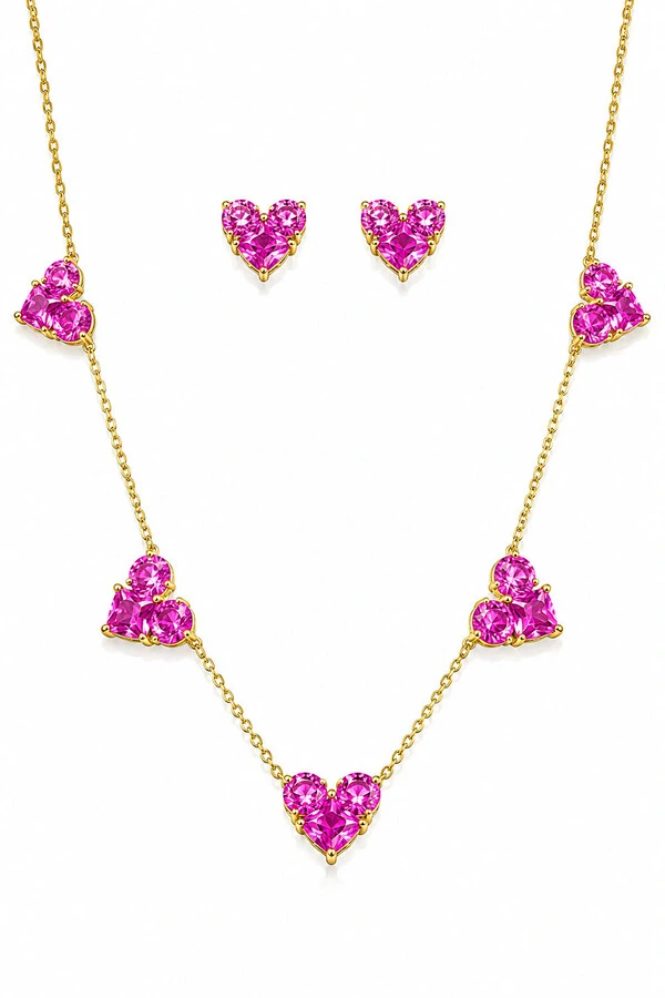 Conjunto Coração Pink Safira Ouro 18k