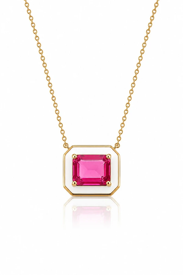 Colar Esmaltado Branco Pedra Pink Fusion Ouro 18k