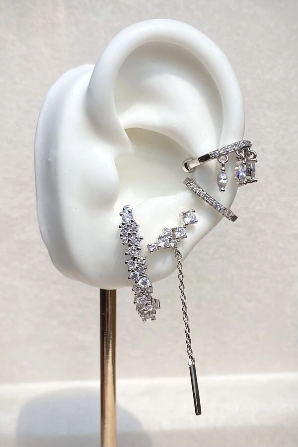 Fake Piercing Zircônias Fino Retangular Ródio Branco