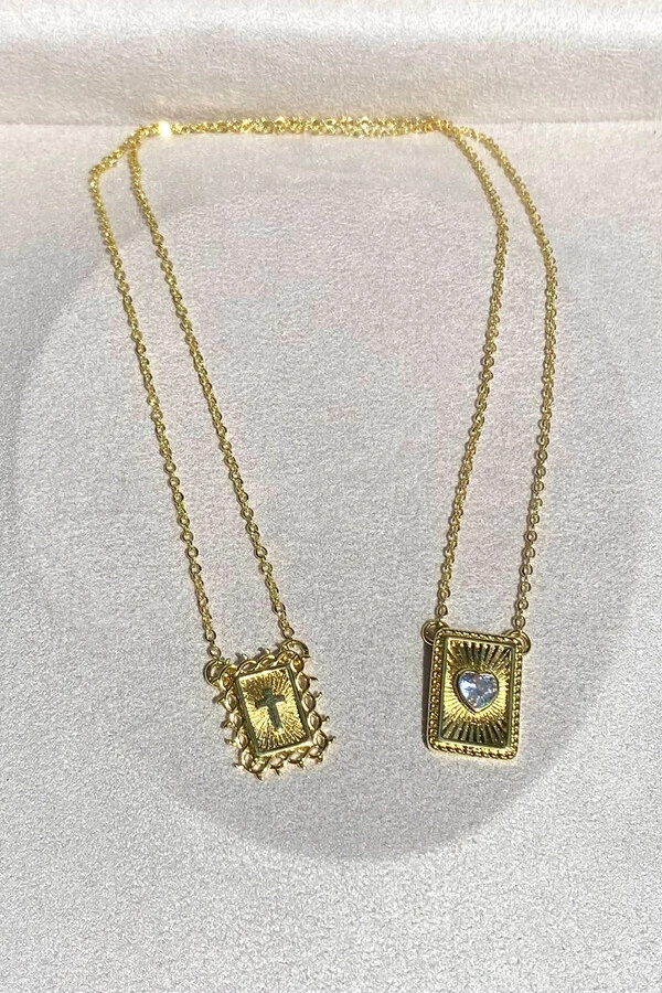 Colar Escapulário Pingentes Cruz e Coração Raiado Ouro 18k