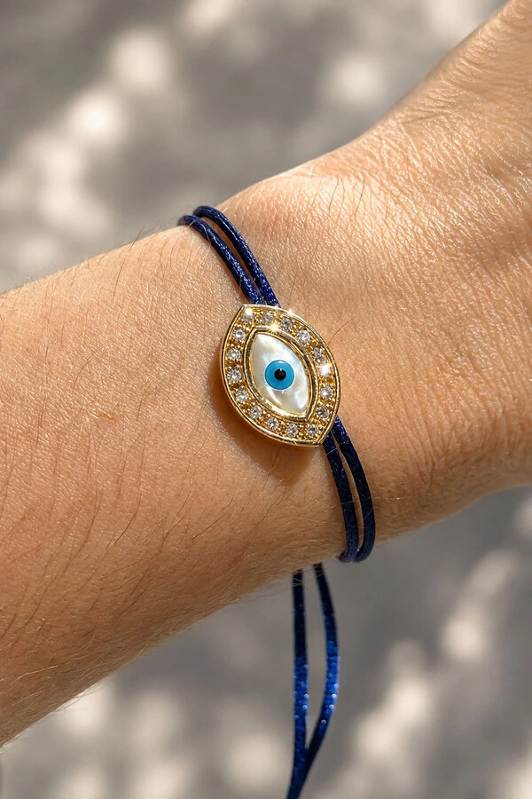 Pulseira Pingente Olho Grego Madrepérola Zircônias Azul Marinho