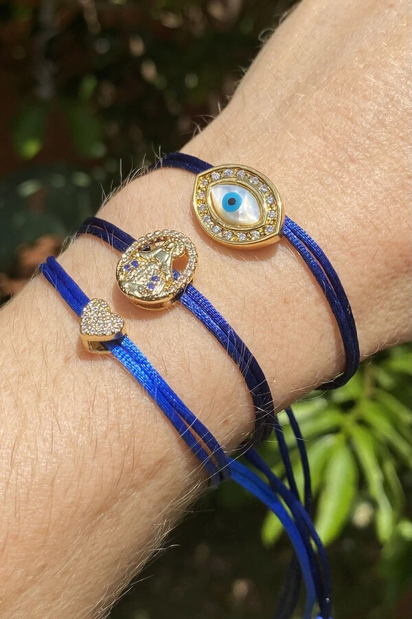 Pulseira Pingente Olho Grego Madrepérola Zircônias Azul Marinho