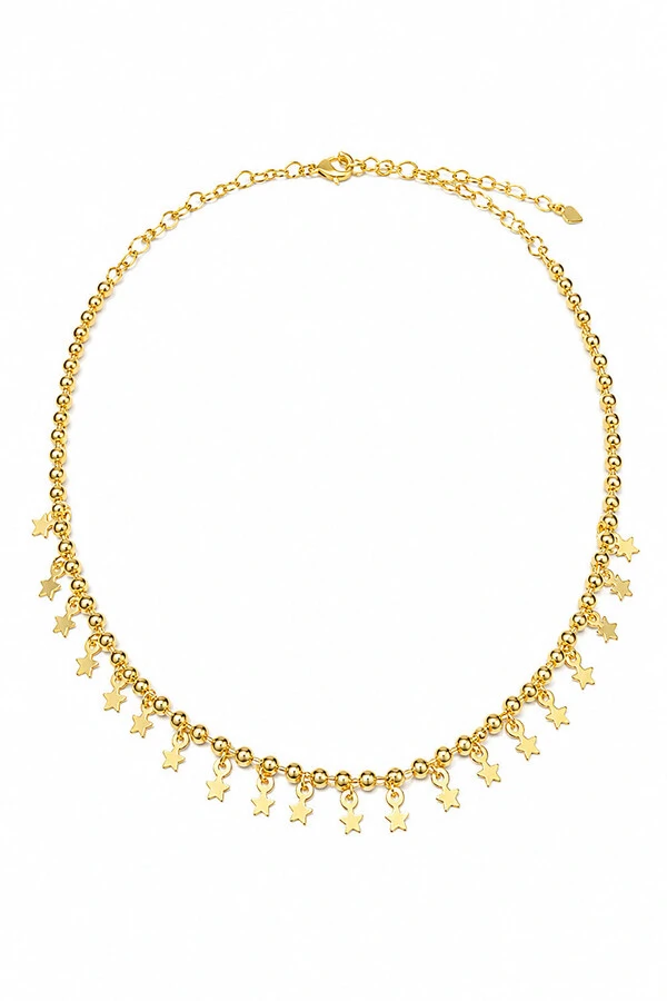 Colar Choker Bolinhas e Estrelas Penduradas Ouro 18k