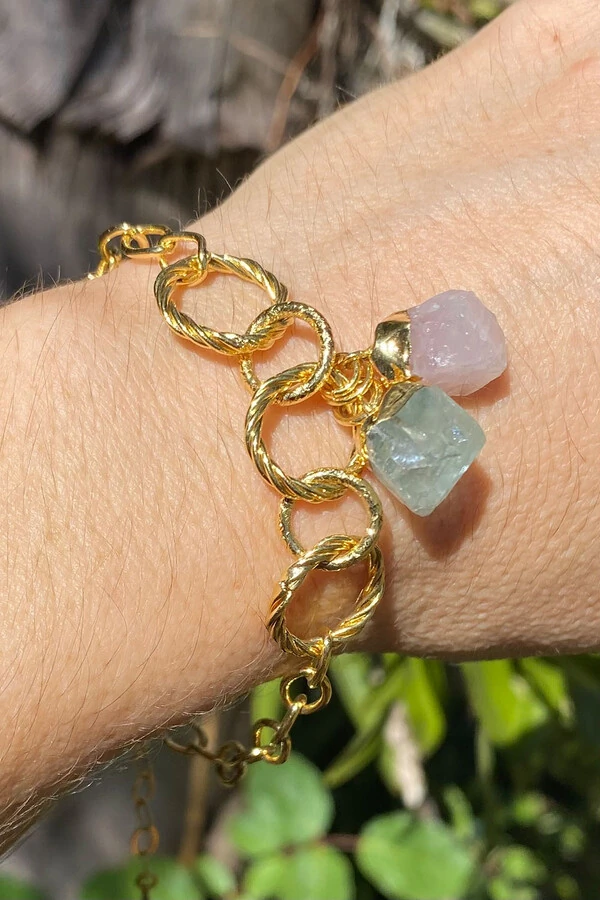 Pulseira Elos Pedra Natural Quartzo Rosa e Ágata Verde Ouro 18k