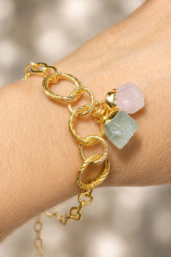 Pulseira Elos Pedra Natural Quartzo Rosa e Ágata Verde Ouro 18k