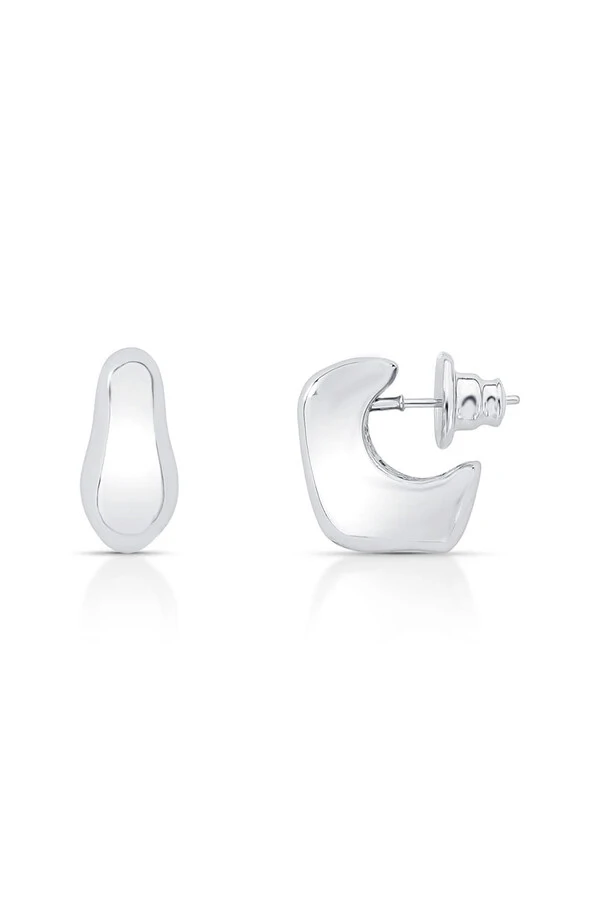 Brinco Meia Argola Orgânico Liso banhado no Ródio Branco