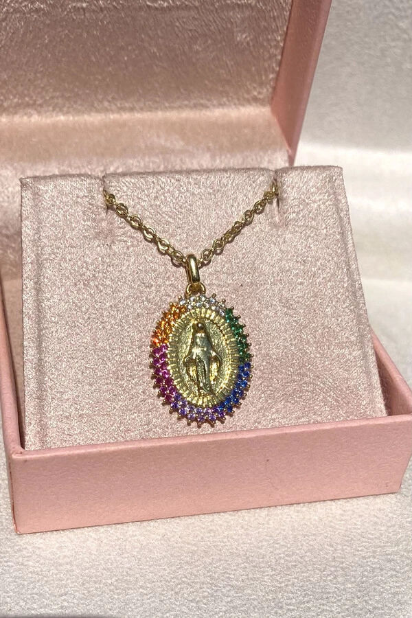 Colar NSra das Graças Zircônias Coloridas Ouro 18k