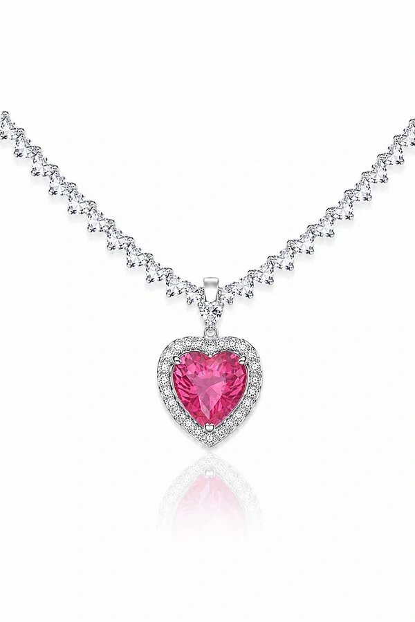 Pingente Coração Rosa Zircônias Ródio Branco