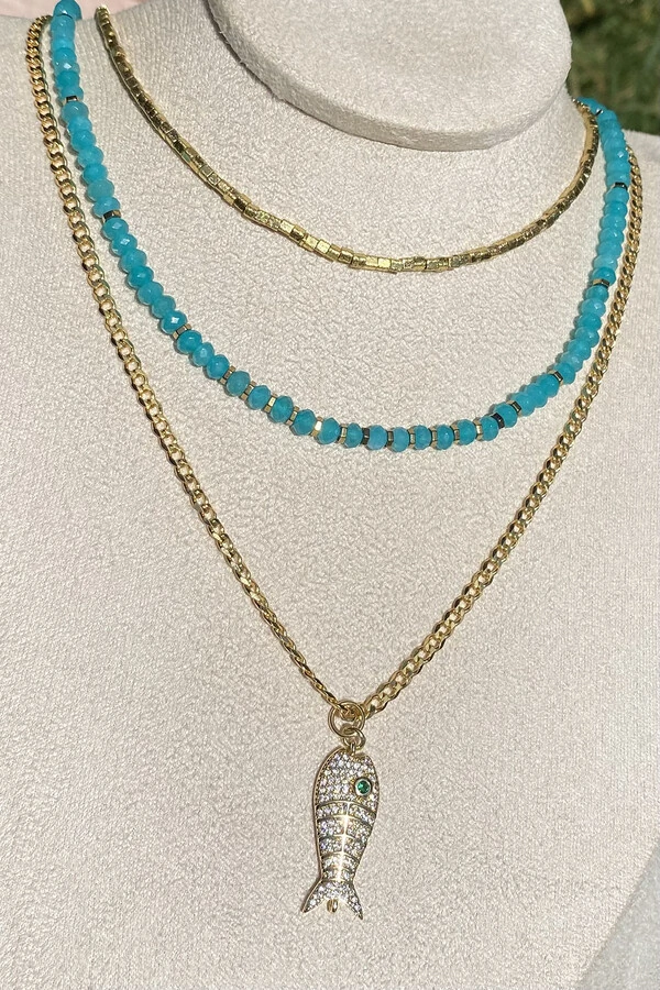 Colar Corrente Pingente Peixe Zircônias Dourado