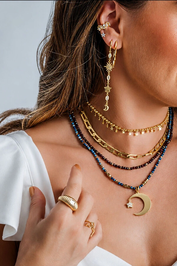 Brinco Argola Fio Estrela e Lua Ouro 18k