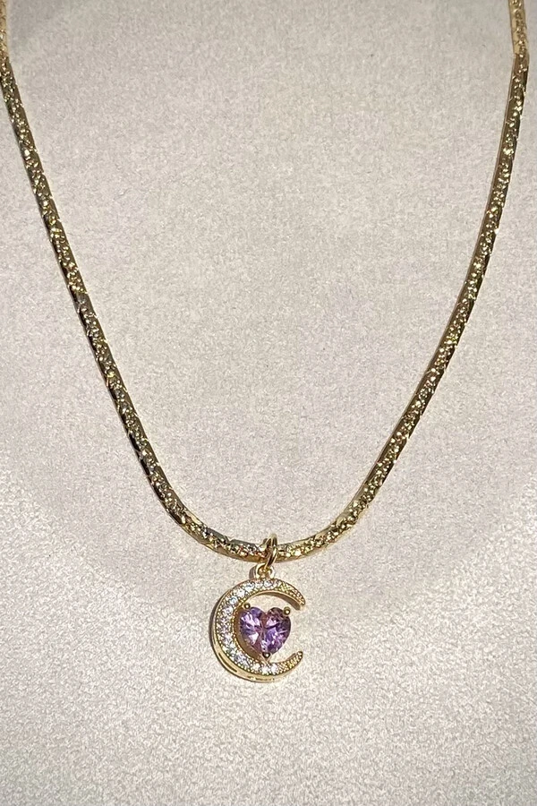 Colar Choker Pingente Lua e Coração Rosa Zircônia