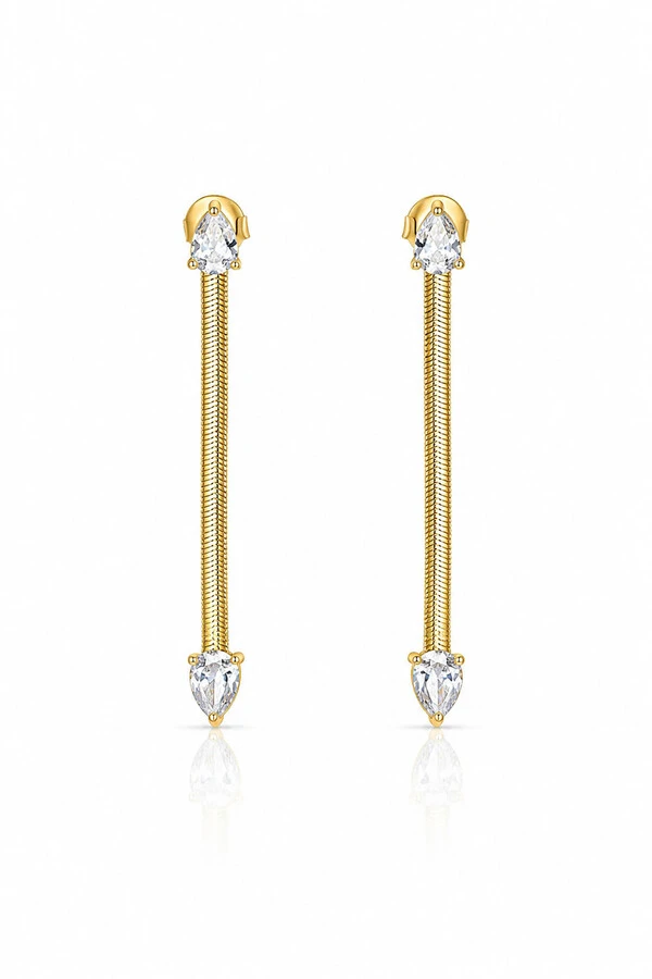 Brinco fio detalhe gota zircônia ouro 18k.