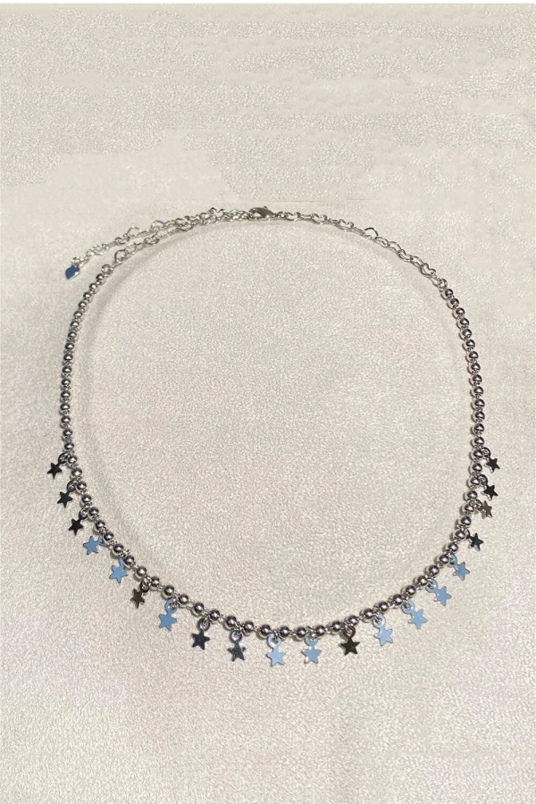 Colar Choker Bolinhas e Estrelas Penduradas Ródio Branco
