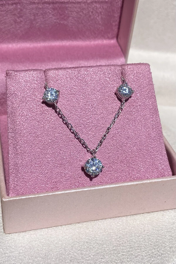 Colar 3 Pontos de Luzes Central 6MM Moissanite Prata 925 Ródio Branco