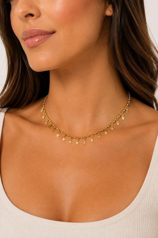 Colar Choker Bolinhas e Estrelas Penduradas Ouro 18k