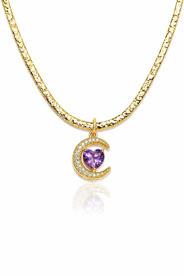 Colar Choker Pingente Lua e Coração Rosa Zircônia