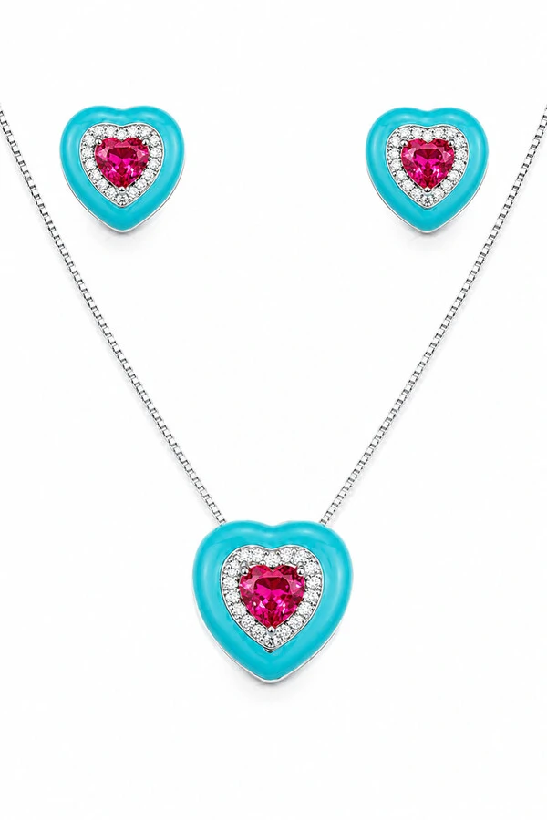 Conjunto Coração Esmaltado Prata 925 Ródio