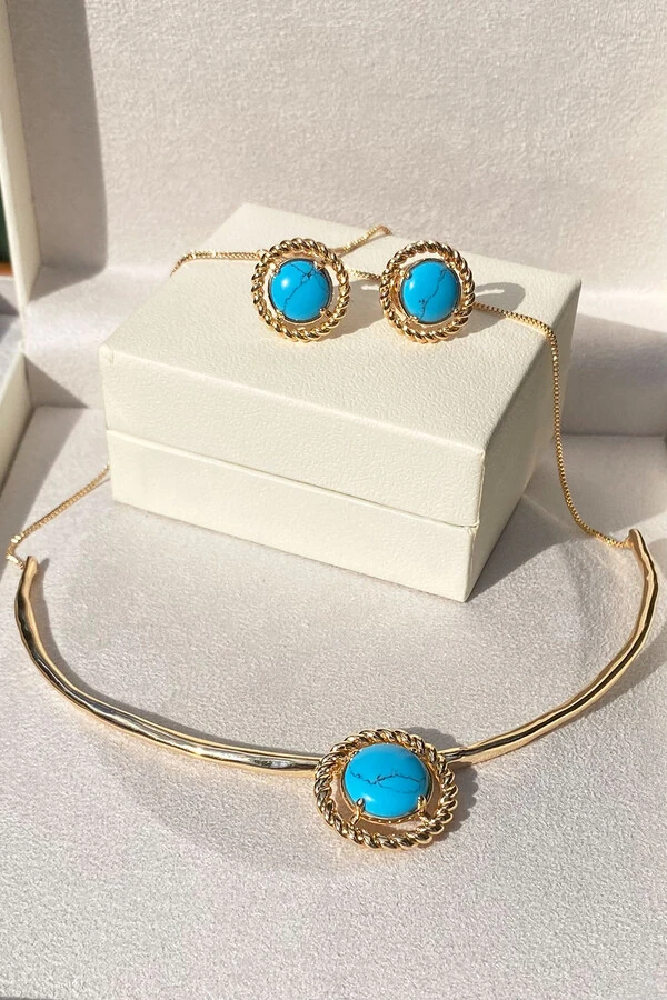 Brinco Círculo Turquesa Ouro 18k