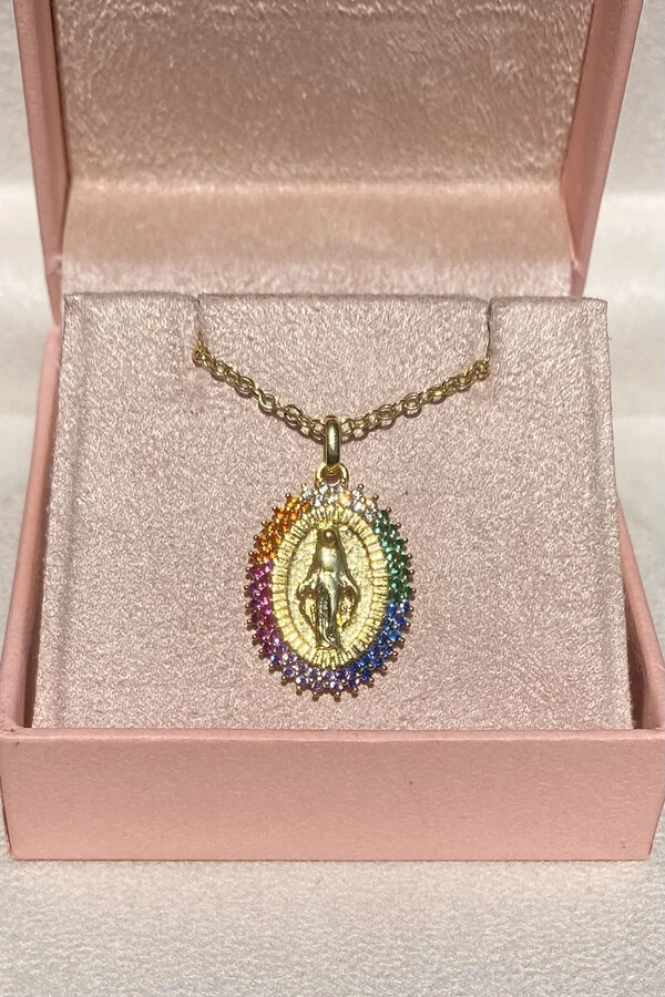 Colar NSra das Graças Zircônias Coloridas Ouro 18k
