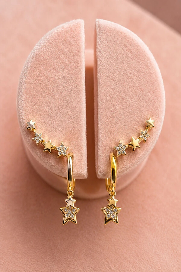 Brinco Earcuff Estrelas com Zircônias Ouro 18k