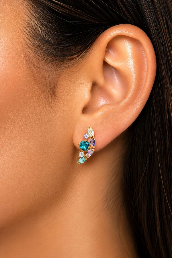 Brinco Earcuff Candy Colors Zircônias Ouro 18k