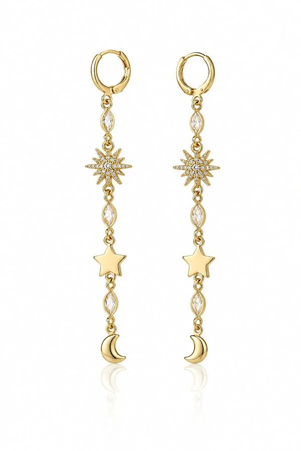 Brinco Argola Fio Estrela e Lua Ouro 18k