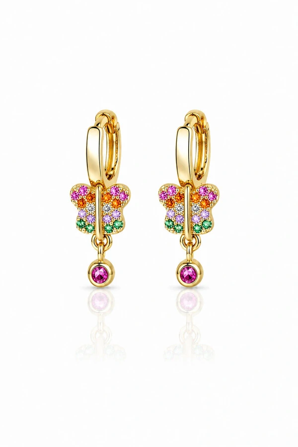 Brinco Argolinha Pingente Borboleta Colorida Ouro 18k