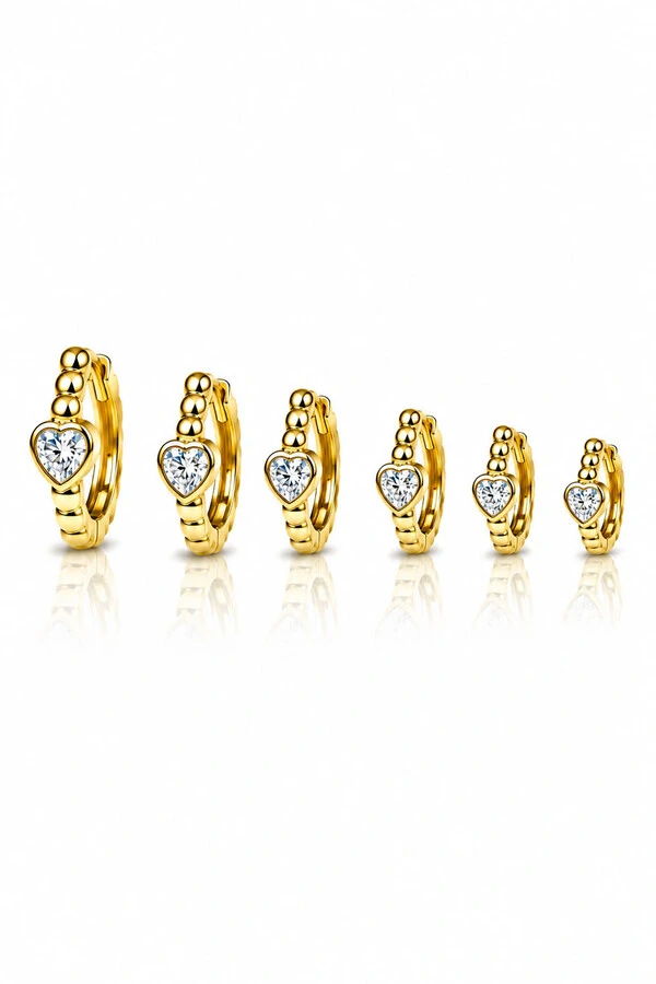 Brinco Trio Argolinha Click Coração Zircônia de Bolinhas no Ouro 18k