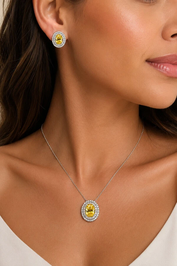 Conjunto Oval Zircônias Yellow Fancy Ródio Branco