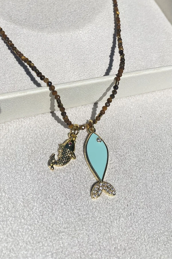 Colar Pedra Natural com Peixes duplos