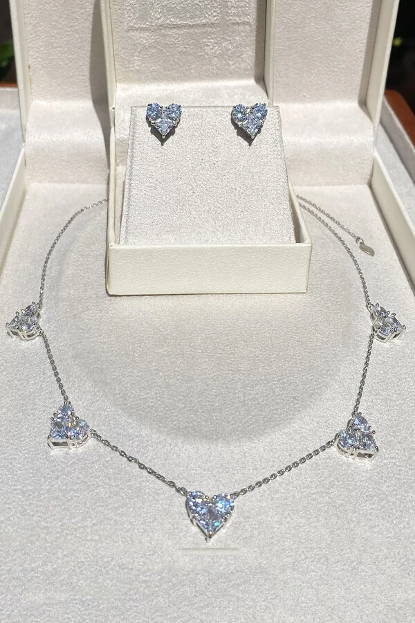 Conjunto Coração Cristal Ródio Branco