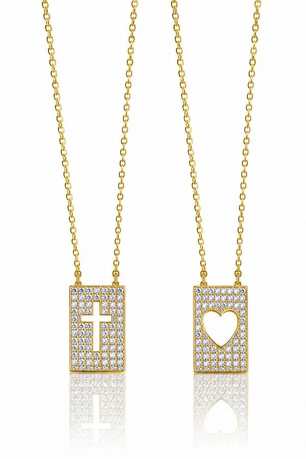 Colar Escapulário Pingentes Cruz e Coração Zircônias Ouro 18k